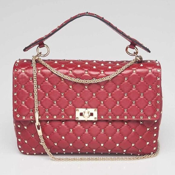 Valentino Dark Red Quilted Nappa Leather Rockstud Spike Large Shoulder Bag - Picture 1 of 11
